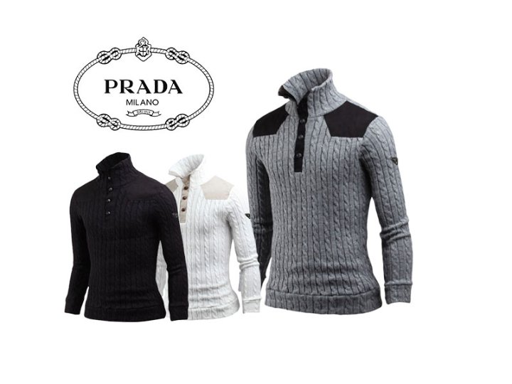 Prada  프라다 견장배색 단추 꽈배기 폴라