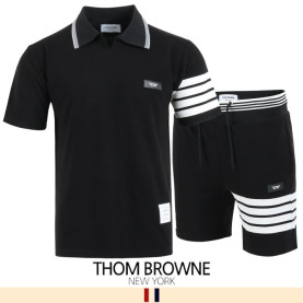 THOM BROWNE 톰브라운 화이트 시보리 오픈 카라 반팔 & 반바지 세트