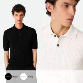 BOTTEGA VENETA 보테가베네타 사이드 로고 자수 카라 반팔 니트