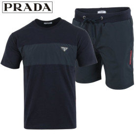 PRADA 프라다 배색 로고 패치 반팔 & 우븐 반바지 세트