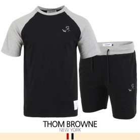 THOM BROWNE 톰브라운 4바 엠보 배색 반팔 & 반바지 세트